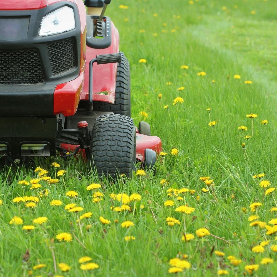 Acreage Professional acreage mowing service on a large property using ride-on mower, neat green lawn.